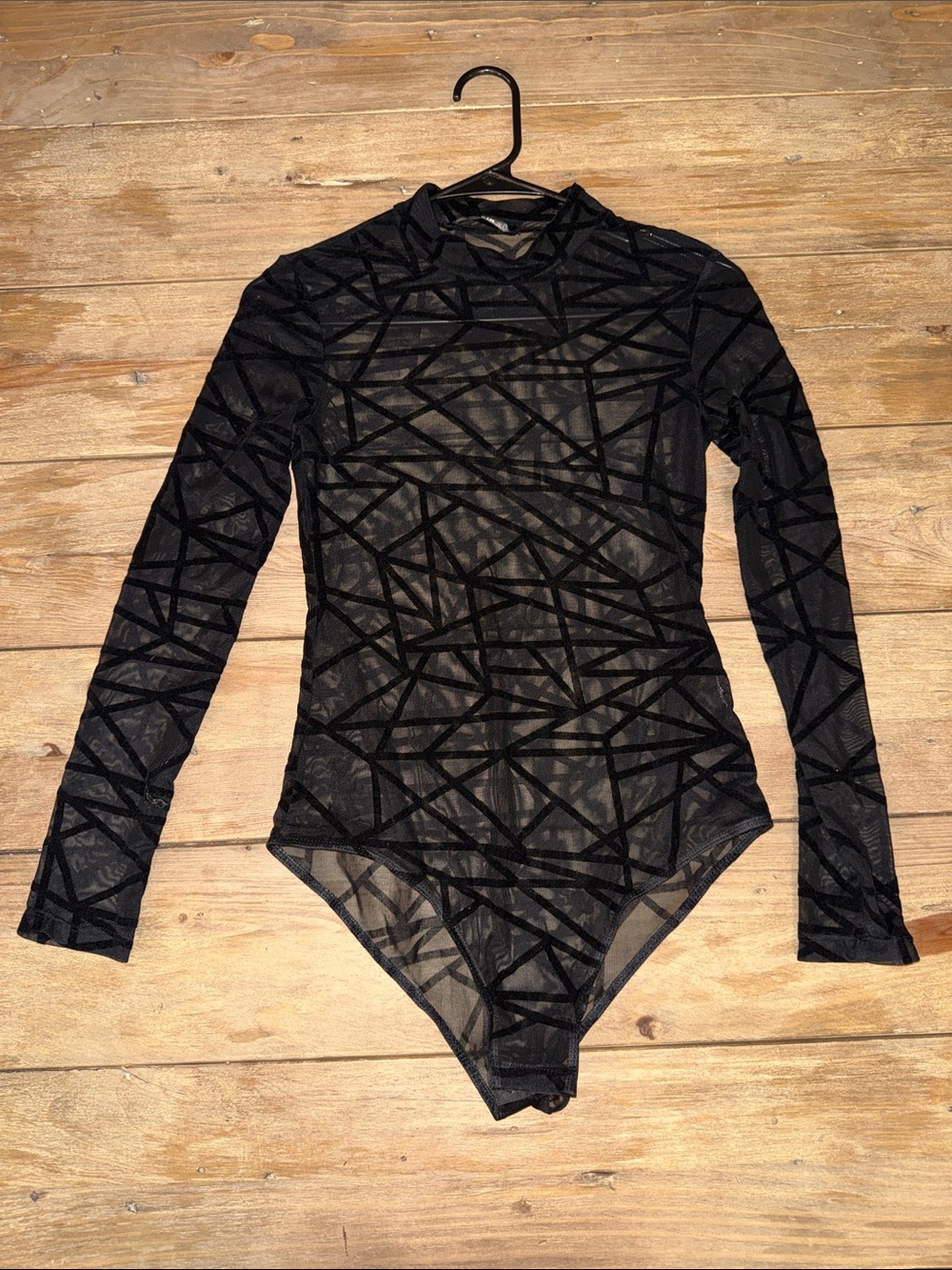 SHEIN Black Geometric Mesh Long Sleeve Bodysuit